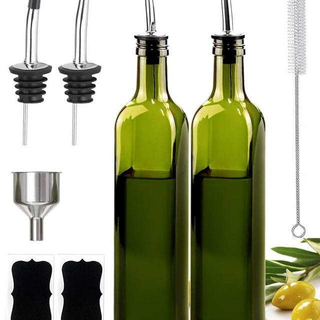 Olive Oil Dispenser Bottle, 2 Pcs Glass Olive Oil Dispenser and Vinegar Dispenser Set with 2 Stainless Steel Pourers, 4 Labels,1 Brush and 1 Funnel Oil Bottles for Kitchen (500ml)-Green