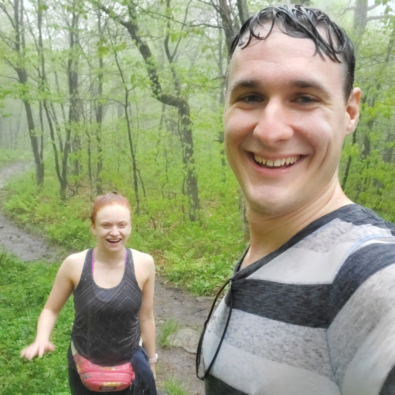 Hiking in Vermont. Surprise rain storm got us completely soaked!