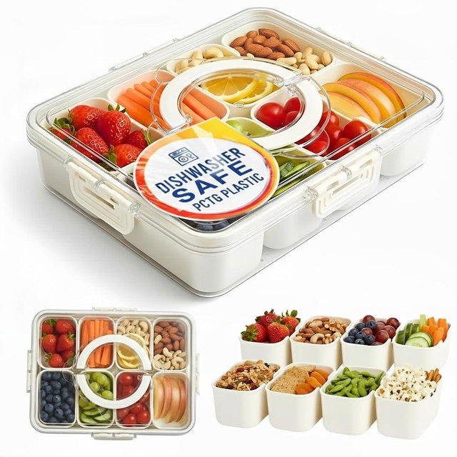 Tidy Club Dishwasher Safe Snackle Box Container 8 Compartments - Divided Serving Tray with Lid and Handle - Portable Snack Box BPA Free - Premium PCTG Plastic Airplane Snack Container