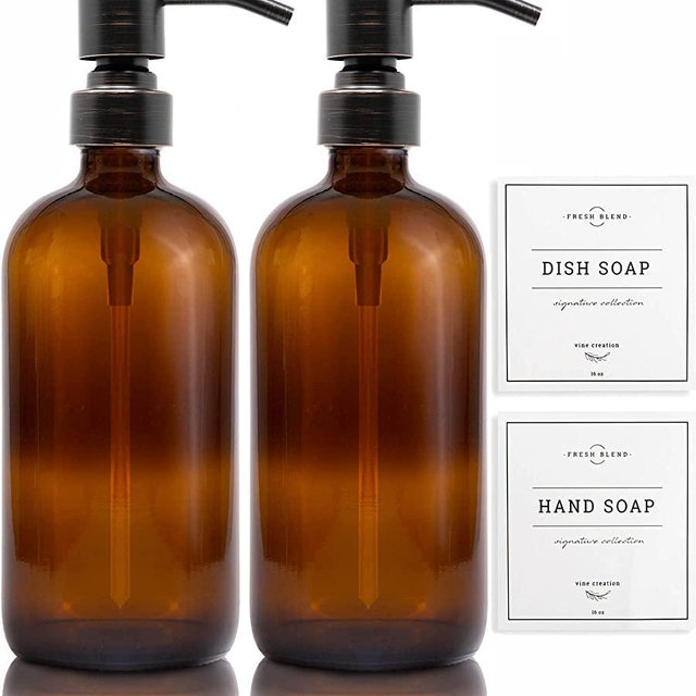 Vine Creations Amber Glass Soap Dispenser 2 Pack, Thick 16oz Bottles Rustproof Stainless Steel Pump, Modern Farmhouse Vintage Jar, Bathroom Kitchen, with Waterproof Labels (Round Oil Rubbed Bronze)