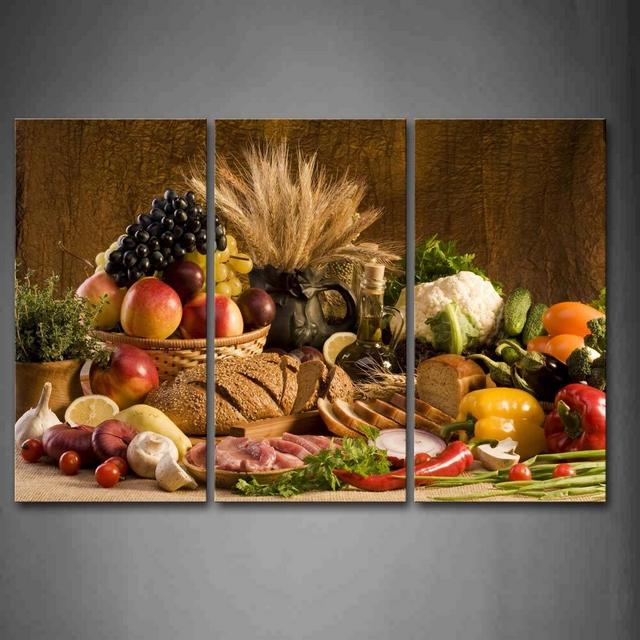 First Wall Art - Brown Fresh Food Grape Apple Fruit In Basket Bread Oion Little Tomato Sweet Pepper Cauliflower Wheat Gather On The Table Wall Art Painting The Picture Print On Canvas Food Pictures For Home Decor Decoration Gift