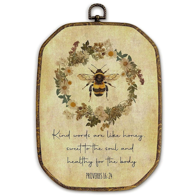 Yjeslw Vintage Christian Bee Octagon Wall Art Decor, Cottagecore Bee Bible Verse Framed Canvas Prints, Religious Scripture Wall Hanging Decorations for Home Bedroom Living Room Decor, 10.2x7 Inches