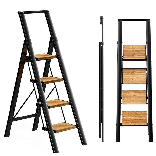 SOLADDER Step Ladder 4 Step Folding Stool with Anti-Slip Widened Sturdy Pedal and Handgrip, Portable Lightweight Aluminum Ladder for Home,Kitchen,300 lbs Capacity-Black+Woodgrain