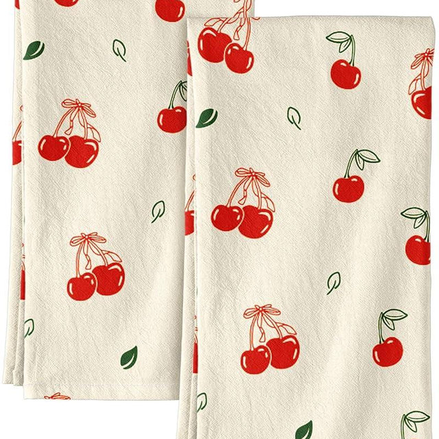 Miss Adola Flour Sack Kitchen Towels Set of 2-18x26 Cotton Dish Towels with Hanging Loop Reusable Tea Towel for Cleaning Spring Absorbent Dishcloths Cute Home Decor Housewarming, Bow Cherry