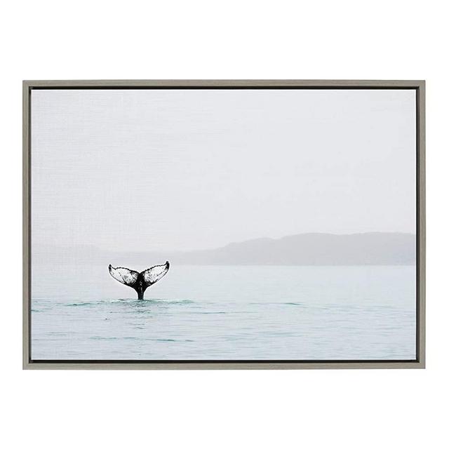 Kate and Laurel Sylvie Whale Tail in The Mist Framed Canvas Wall Art by Amy Peterson, 23x33 Gray, Coastal Animal Home Decor
