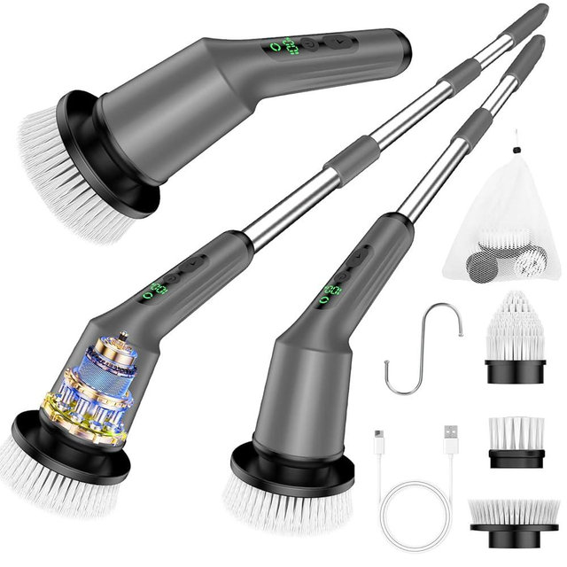 Electric Spin Scrubber for Cleaning Bathroom, Shower Scrubber Cordless Cleaning Brush with IPX7 Waterproof & 2 Speed, 3 Brush Heads, Bathroom Cleaning Supplies for Shower Tub Tile Toilet Grey