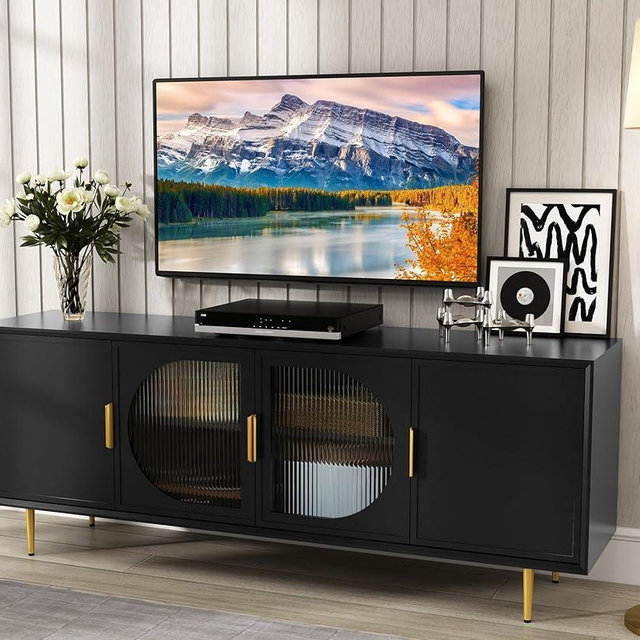 ARTPOWER Modern TV Stand for 70 inch TV, Black TV Console with 4 Glass Doors, Entertainment Center with Storage Cabinet, Wood Media Cabinet with Gold Leg, 65” TV Stands for Living Room
