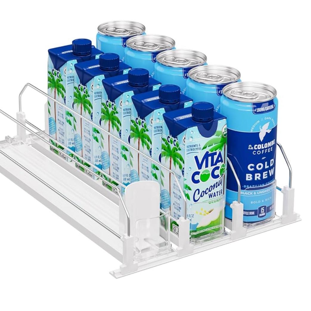 Puricon Drink Organizer for Fridge Pusher Glide, Spring Loaded Fridge Drink Dispenser, Self Pushing Soda Can Organizer for Refrigerator, Beer Bottle Beverage Organizer Drink Holder -3 Rows, White