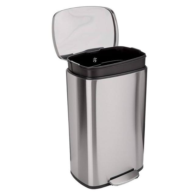 Amazon Basics Smudge Resistant Rectangular Trash Can With Soft-Close Foot Pedal, Brushed Stainless Steel, 50 liter/13.2 gallon, Satin Nickel Finish, 16.7"L x 14.7"W x 25.9"H
