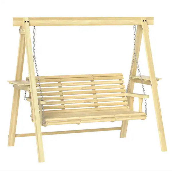 Outsunny 2-Seat Porch Swing Loveseat with Stand and Side Tables, Wooden Patio Swing Chair, for Poolside, Backyard 84A-282V00ND
