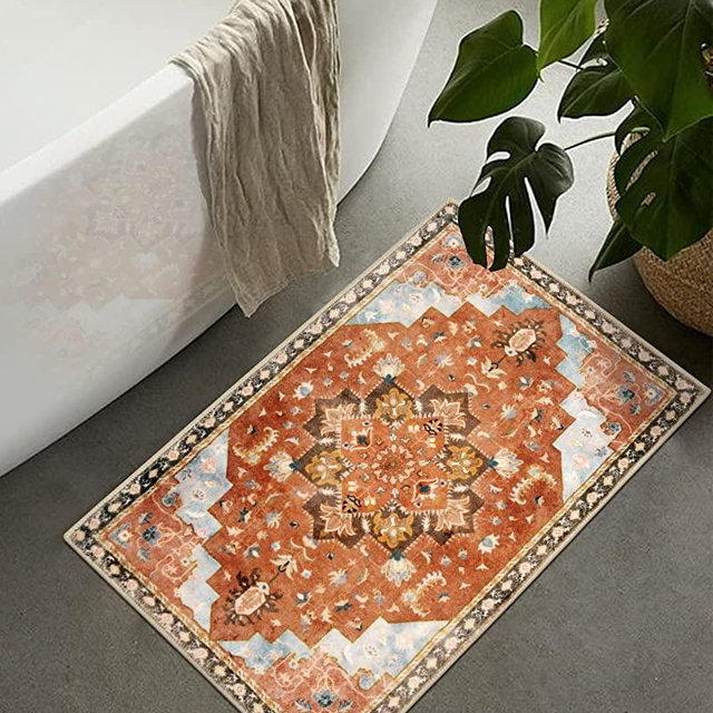 Seavish Vintage Persian Bathroom Rugs Non Slip Oriental Rug 18"X26" Retro Distressed Washable Boho Bath Mat Rug Rustic Aesthetic Tribal Home Decor Carpet for Bathroom Floor Tub Sink Door Mat