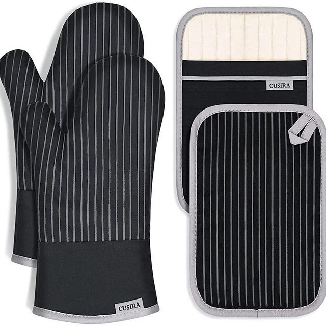 CUSIRA Oven Mitts and Pot Holders, Extra Long Silicone Oven Gloves, 500 F Heat Resistant Oven Mitts Sets, Non-Slip Silicone Textured Grip, Flexibility of Pure Cotton and Terrycloth Lining, Black