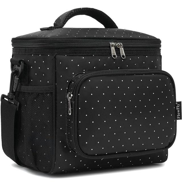 FlowFly Insulated Reusable Lunch Bag Adult Large Lunch Box for Women and Men with Adjustable Shoulder Strap,Front Zipper Pocket and Dual Large Mesh Side Pockets,Dot