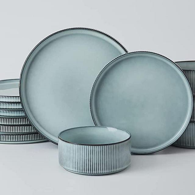 Famiware Dinnerware Sets, Plates and Bowls Set for 4, 12 Piece Dish Set, Slate Gray