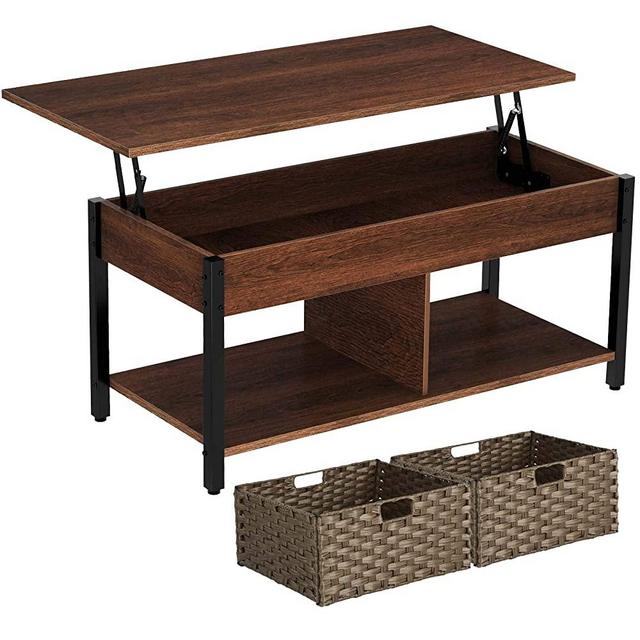 Rolanstar Coffee Table, Lift Top Coffee Table with Rattan Baskets and Hidden Compartment, Retro Central Table with Wooden Lift Tabletop and Metal Frame, for Living Room, Espresso