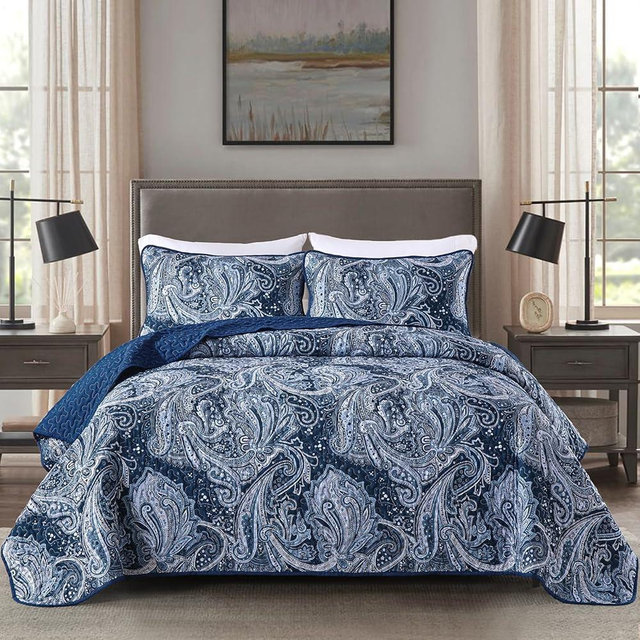 DJY Navy Paisley Quilt Set California King Size - Boho Bedspread Coverlet Set 3 Pieces, Soft Lightweight Microfiber Navy Blue Paisley Floral Pattern Bedding for All Season, 112"x96"