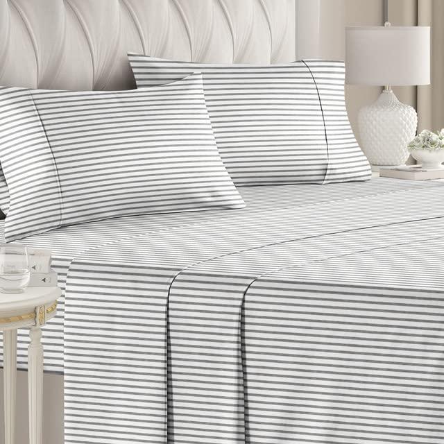 Striped Bed Sheets - Pin Striped Sheets - Grey and White Sheets - Grey and White Striped Sheets - Cal King Striped Sheets - Hotel Luxury Bed Sheets - Deep Pockets - Breathable & Cooling Sheets