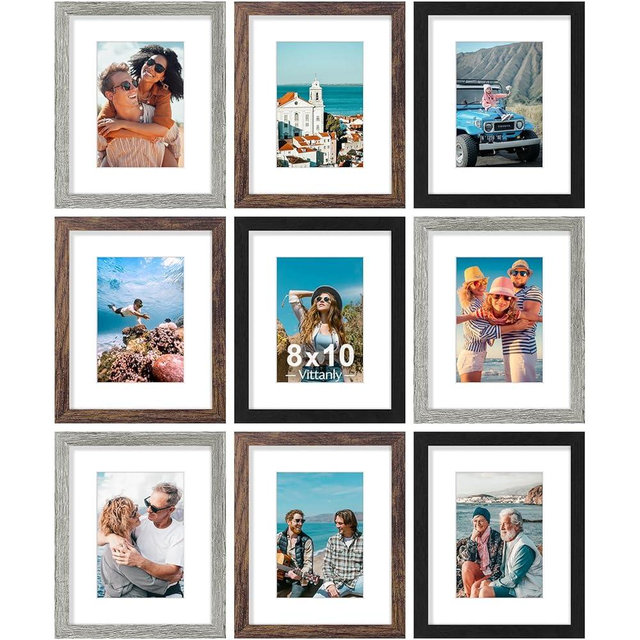 Vittanly 8x10 Picture Frames Set of 9, Display 5x7 Pictures with Mat or 8x10 without Mat, Photo Frames for Wall or Tabletop with Plexiglass, Engineered Wood, Black&Brown&Grey