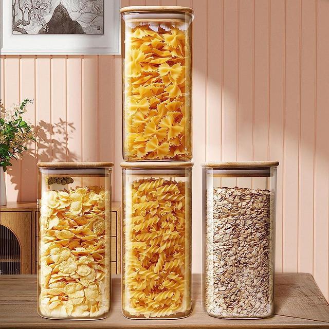 HomArtist Square Glass Jars with Bamboo Lids 53 FL OZ [Set of 4], Glass Canisters with Airtight Lid, Glass Food Storage Containers for Pasta, Cereal, Coffee, Flour, Sugar, Best for Kitchen & Pantry