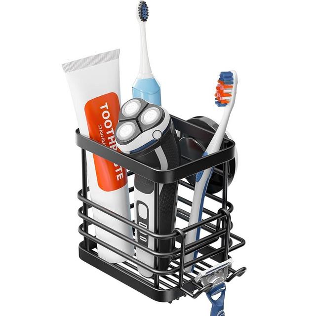 TAILI Patented Suction Cup Toothbrush Holder, Stainless Steel Anti-puddling Shower Toothbrush Holder, No Drilling Removable Organizer for Bathroom Toothpaste, Razor, Kitchen and Office Items, Black