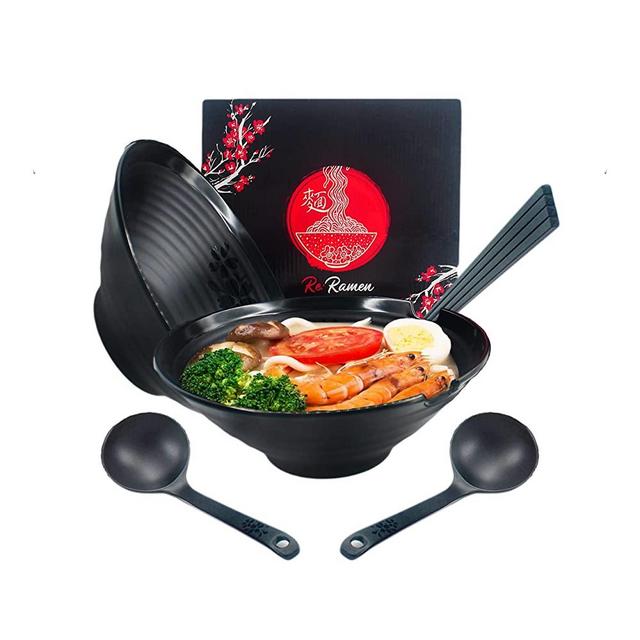 Large Ramen Bowls Set of 2. Melamine Noodle Bowl (37 oz) Chopstick Holder, Chopsticks, Ladle Spoon. Perfect for Serving Pho, Miso, Udon, Rice, Soup & Asian, Chinese, Korean, Japanese Style Cuisines