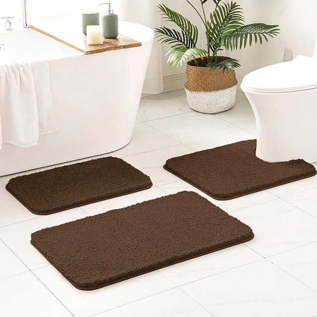 MIULEE Bathroom Rugs Sets 3 Piece Including U Shaped Toilet Rug - Soft Absorbent Bath Mats Set with Non Slip Rubber Backside, Machine Washable - Brown, 20"x30"+16"x24"+U 20"x20"