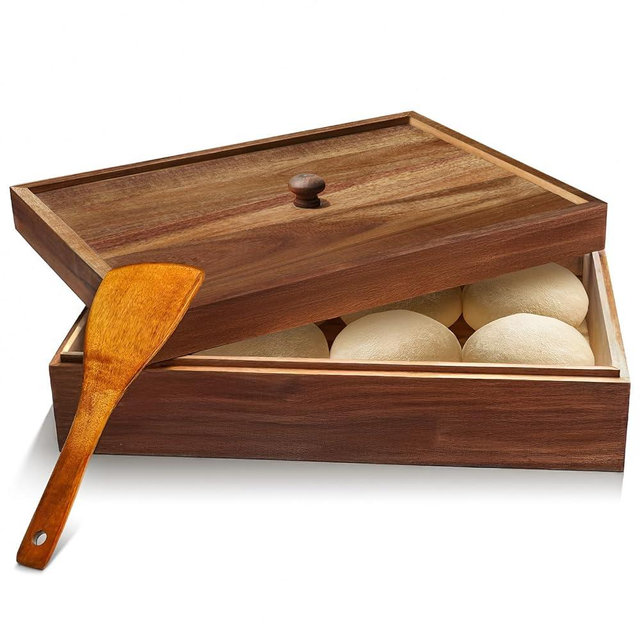 Wooden Pizza Dough Proofing Box with Dough Spatula, 16'' x 12'' Fits 4-6 Dough Balls Proofing, Handmade From Natural Acacia Wood, Bread Dough Fermentation Storage Container for Home & Bakery