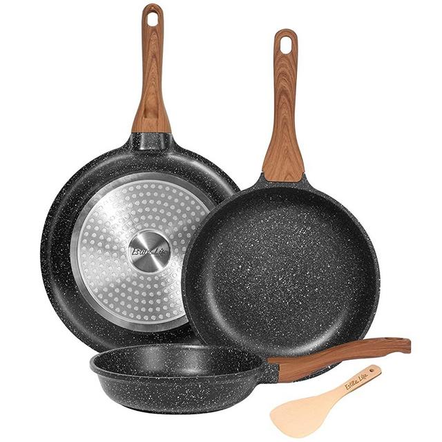 ESLITE LIFE Frying Pan Set Nonstick Induction Skillet Set Egg Omelette Pan with Granite Coating and Wooden Spatula, 4-Piece