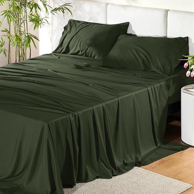 Bedsure Queen Sheets, Rayon Derived from Bamboo, Queen Cooling Sheet Set, Deep Pocket Up to 16", Breathable & Soft Bed Sheets, Hotel Luxury Silky Bedding Sheets & Pillowcases, Olive green