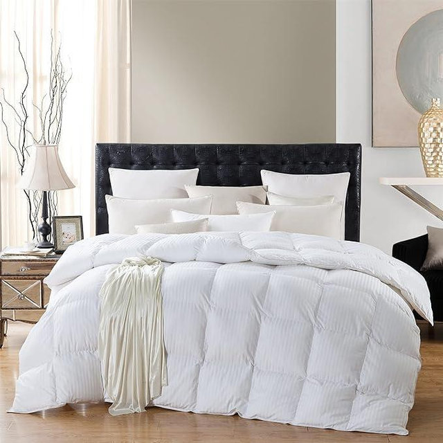 Luxurious All-Season Goose Down Feather Fiber Comforter Duvet Insert, Exquisite Palatial King White Stripe Design, 120" x 98 ", Premium Baffle Box, 100% Cotton Down Proof Fabric, 75 oz. Fill Weight