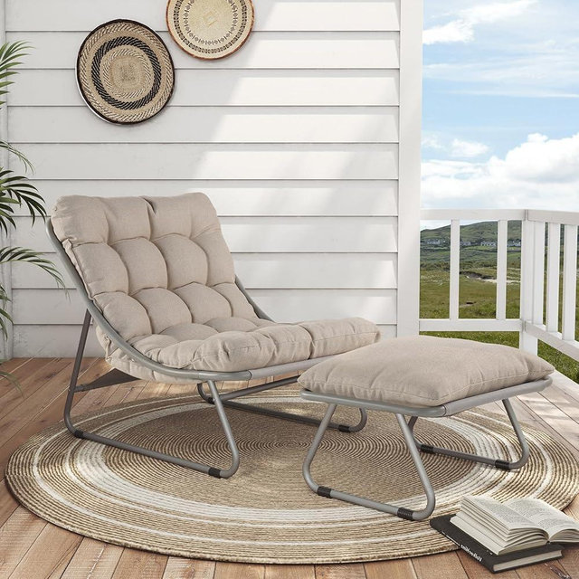 Grand patio Outdoor Lounge Chair with Ottoman Comfy Sling Recliner Chair with Puffy Cushion Samba Modern Patio Furniture Set for Porch Deck Garden Champagne Gray