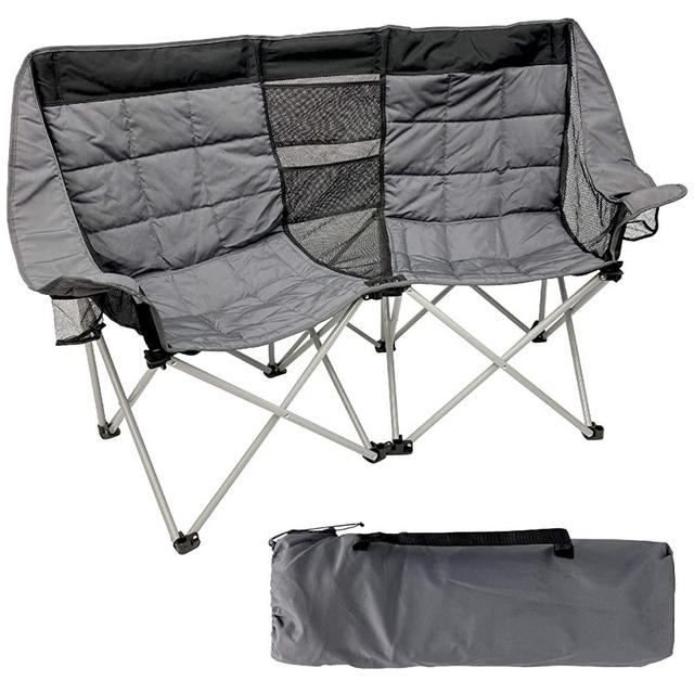 EasyGo Product Camping Chair Folds Easily and Padded, Fits 2 People, Black Grey