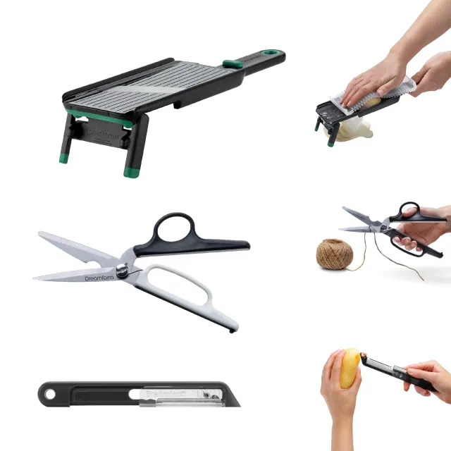 Dreamfarm Kitchen Cutting/Slicing Set– Nocutu, Bishears, Sharple– Mandoline w/ Flexible Finger Guard 2-in-1 Scissors & Bone Cutter Herb Stripping