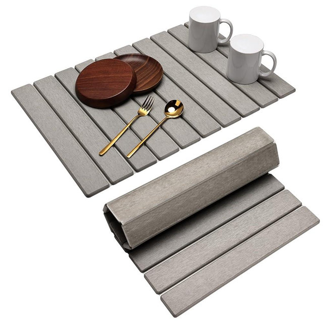 Drying Stone for Kitchen Counter, 24" × 16" Large Foldable Stone Dish Drying Mat, Quick Dry Diatomaceous Earth Pad, Stone Drying Mat for Kitchen Dishes Cups Bathroom Any Countertop(Gray)