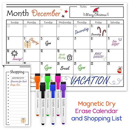 USA Made Magnetic Dry Erase Calendar for Refrigerator with 6 Markers & Magnetic Shopping List – Kitchen Fridge Calendar White Board, Schedule Planner Wall Set