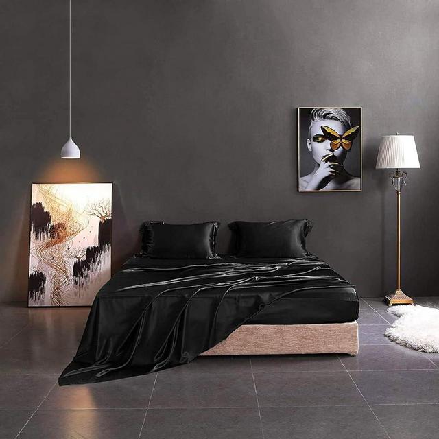 THXSILK Silk Sheet Set 4 Pcs, 7A+ Silk Bed Sheets, Luxury Bedding Sets -Ultra Soft, Durable-100% Top Grade Mulberry Silk (Black, Queen)