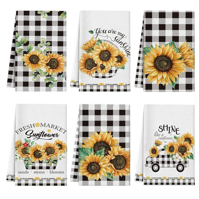 Redbaker 6 Pcs Sunflower Kitchen Towels Summer Buffalo Plaid Dishtowels for Kitchen Ultra Absorbent Black and White Hand Wash Cloth Sunflower Decor Decorative Set for Bathroom Housewarming Gift