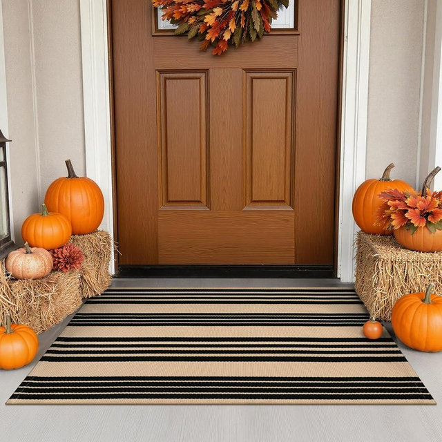 Sungea Black and Khaki Striped Outdoor Rug 24"x35", Cotton Hand-Woven Foldable Fall Front Door Mat, Washable Reversible Layered Door Mats for Entryway Porch Decor Home Entrance