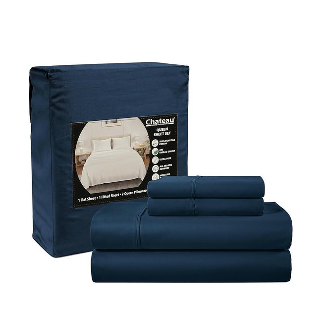 400 Thread Count Queen Size Sheets, 15" Deep Pocket Queen Sheets, Soft Sateen Weave, Naturally Cooling & Breathable Machine Washable 4 Piece Elasticated Sheet & Pillowcase Sets- Navy