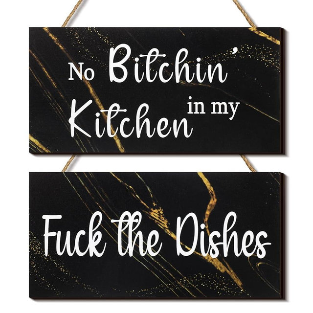 Jetec 2 Pieces Funny Kitchen Signs the Dishes Hanging Wall Art Sign No Bitchin in My Kitchen Rustic Wooden Wall Signs Decorative Wood Sign Home Kitchen Decor, 10 x 5 Inch (Simple)