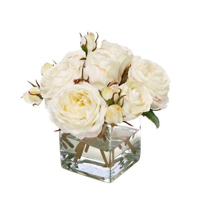 Faux White Roses Arrangement in Glass Vase