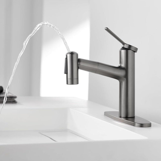 Poumao Bathroom Faucet with Pull Out Sprayer Gray Bathroom Sink Faucets with Rotating Spout Deck Plate for Sink 1 Hole or 3 Holes Pull Down RV Vessel Basin Faucet