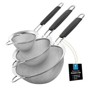 Premium Stainless Steel Fine Mesh Strainer (Black, Set of 3) With Non-Slip Handles
