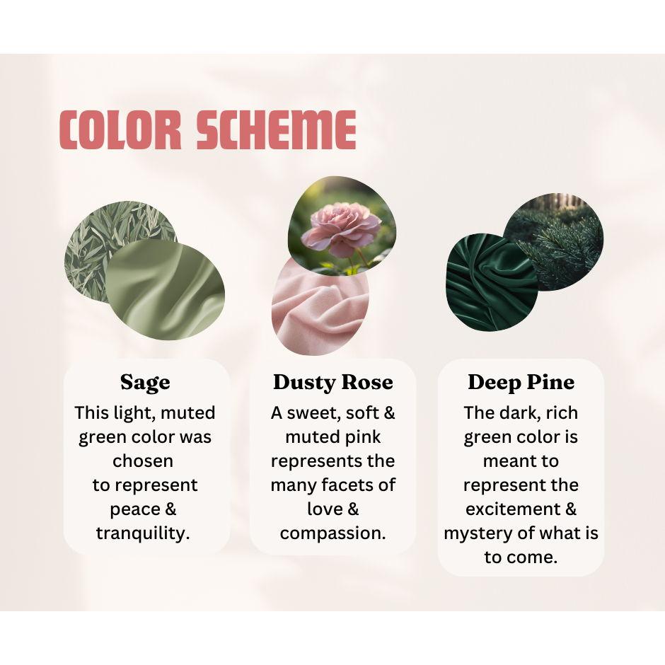 Color scheme for the wedding. Guests are encouraged, but not required to include these colors when picking an outfit for the occasion.