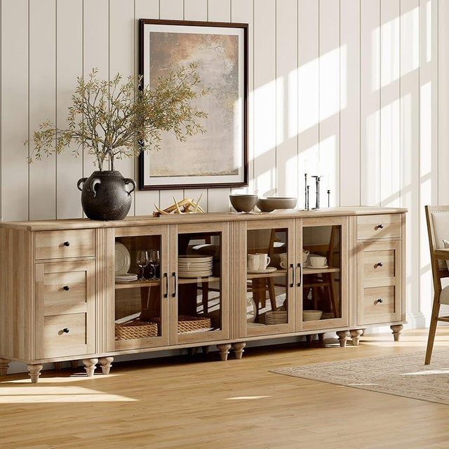 WAMPAT Sideboard Buffet Cabinets with 4-Glass Door, Kitchen Storage Cabinets with Charging Station, Wood Coffee Bar Table with Adjustable Shelf & 2 Drawers for Dining Room, Living Room, Oak