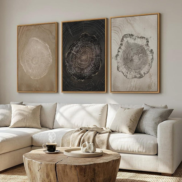 3 Piece Framed Neutral Tree Ring Wall Art for Living Room, Large Farmhouse Nature Wood Stump Canvas Artwork for Walls, Vintage Rustic Paintings Prints for Bedroom Office Decor 24x36 Inch