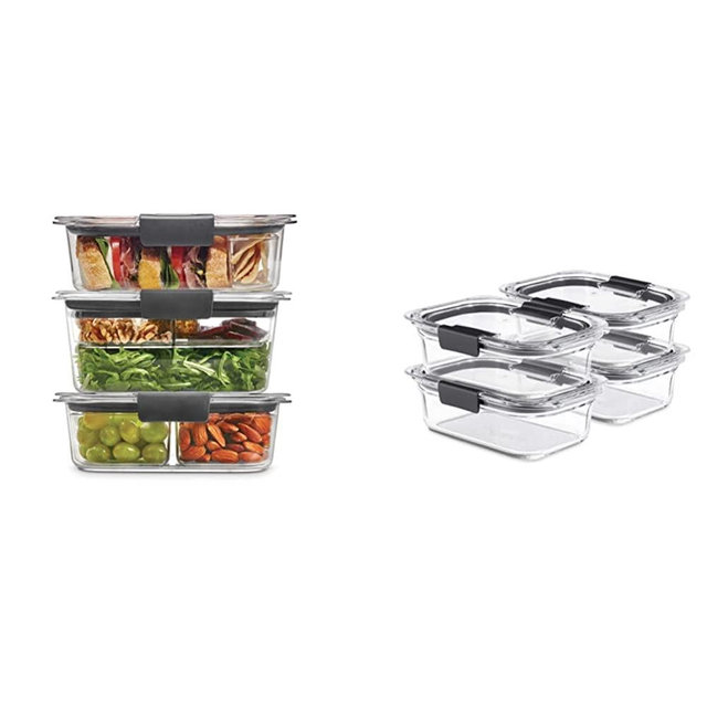 Rubbermaid 12-Piece Brilliance Food Storage with Dressing Container, Clear/Grey & Brilliance Glass Storage 3.2-Cup Food Containers with Lids, BPA Free and Leak Proof, Medium, Clear, Pack of 4