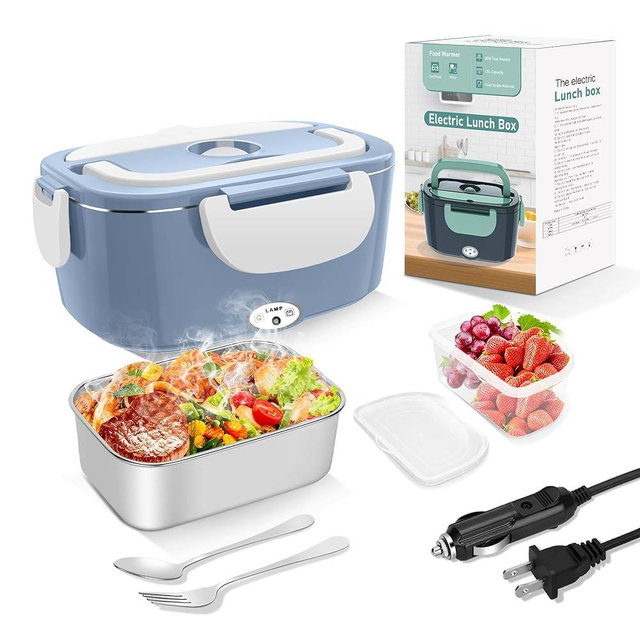 Electric Heated Lunch Boxes Adults: 80W Electric Lunch Box Food Heated 12/24/110V 1.5L Heatable Lunch Box for Car/Truck/Office Leak-Proof Stainless Steel Container,Fork & Spoon,Bag (Light Blue+White)