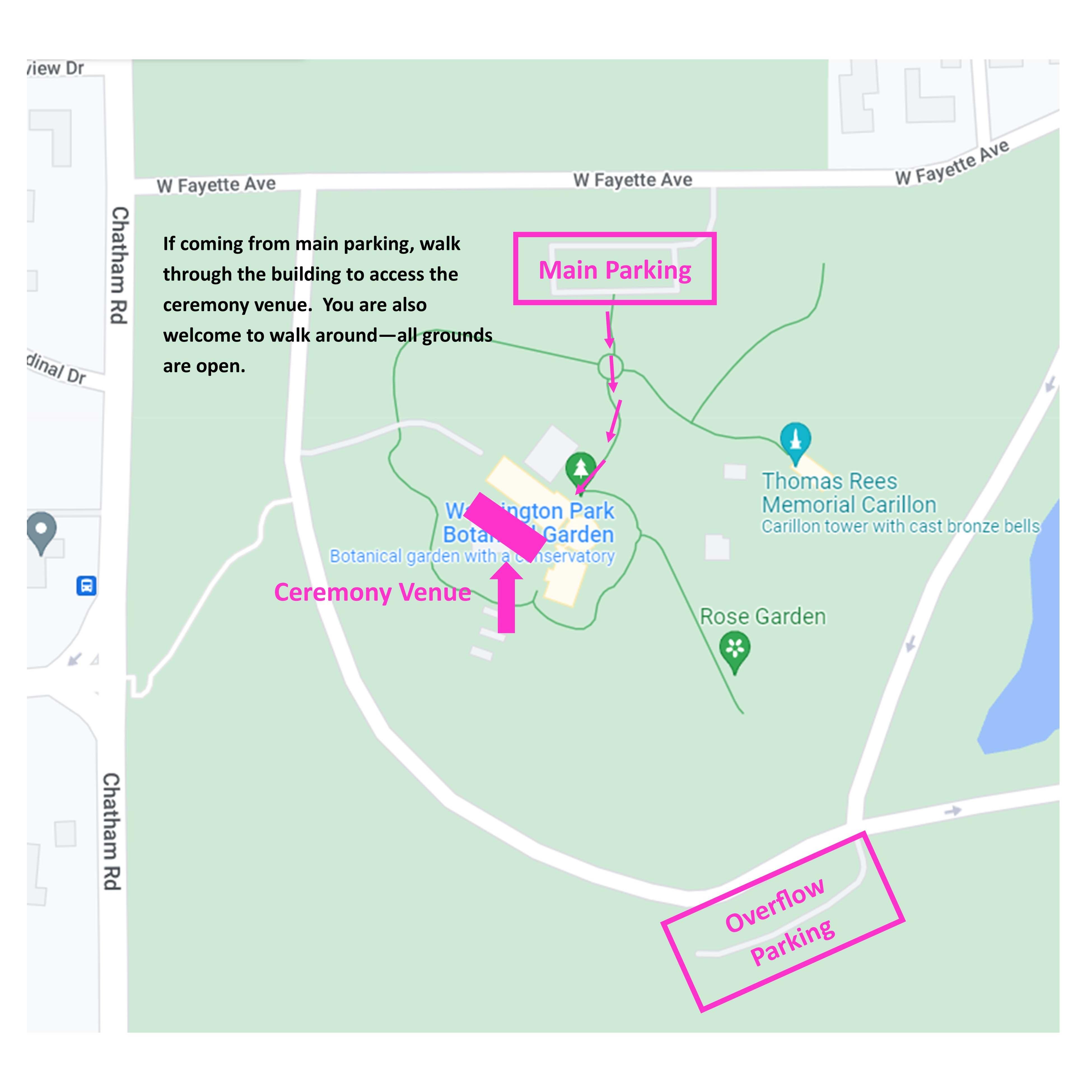 Ceremony location map.  The Botanical Gardens is a building.  Our ceremony will be held outside in the Roman Cultural Garden, behind the building.  