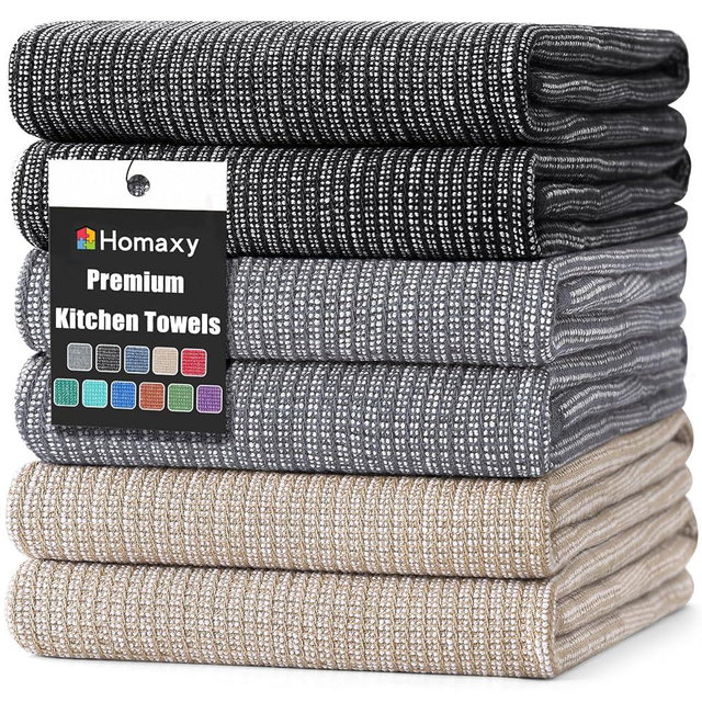 Homaxy Premium Kitchen Towels(18”x 28”, 6 Pack), Large Cotton Kitchen Hand Towels, Flat and Terry Dish Towels, 380 GSM Highly Absorbent Tea Towels Set with Hanging Loop, Grey/Khaki/Black